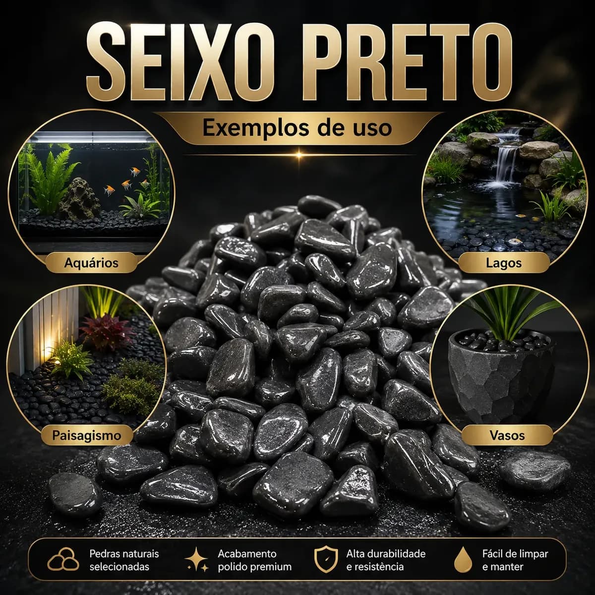 Pedras Ornamentais Seixo Preto Medio 9,5kg. Preto 3 Cm 6 Cm